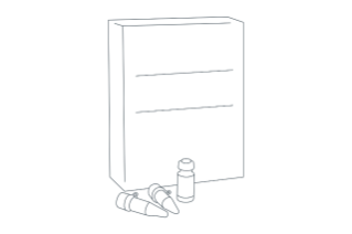 Line drawing of a kit (box with three, various vials)